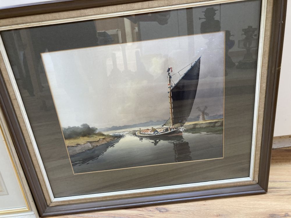 Hannaford Jnr, two watercolours, Sail barges on the broads, signed, largest 35 x 43cm